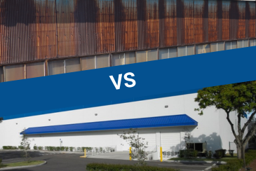 Rusty, neglected warehouse vs. clean, white warehouse