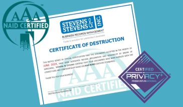 Graphic showing an SSBRM Certificate of Destruction along with a NAID AAA Certified logo and PRISM Privacy+ logo, all on a blue background