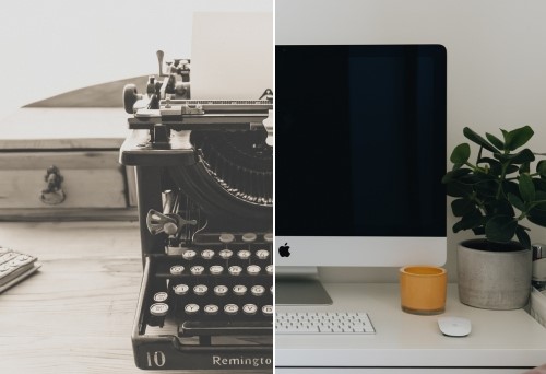In a split-screen image, an antique typewriter sits next to an Apple desktop computer.