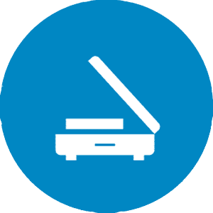 The hand of a person holding a scanner and pointing it at the barcode on the end of an archive box on a shelf