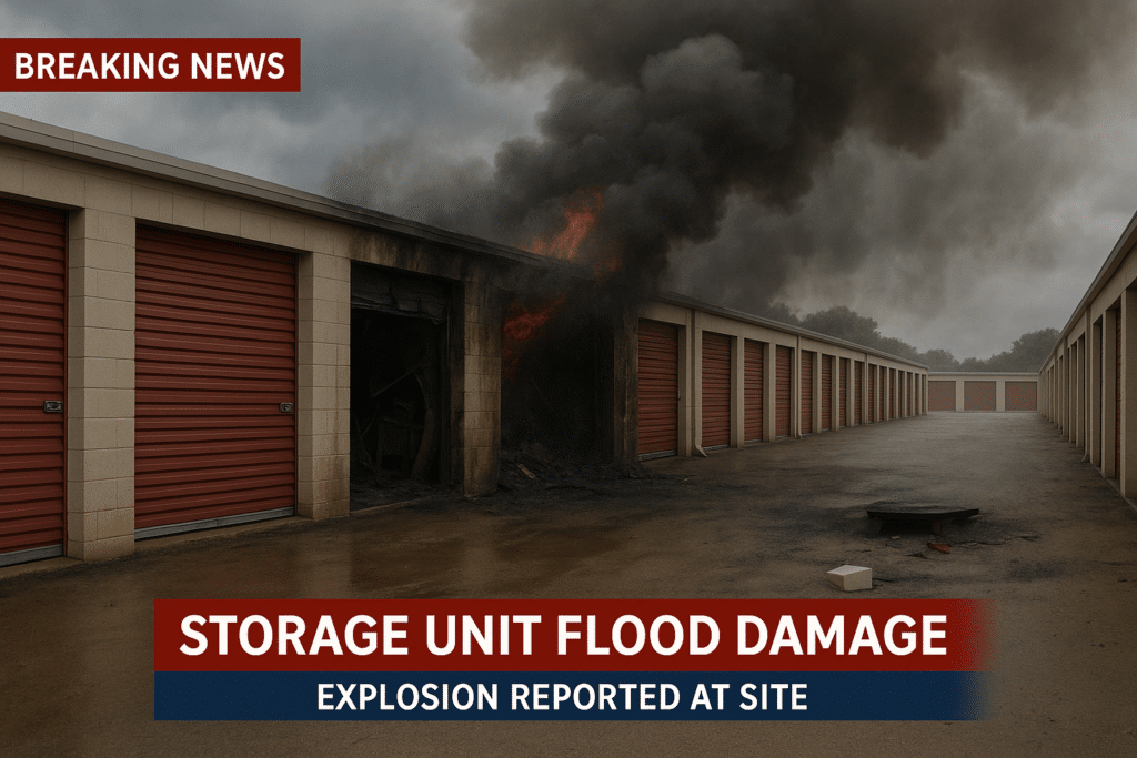 Fire and smoke billows out of two storage units in a self storage facility.