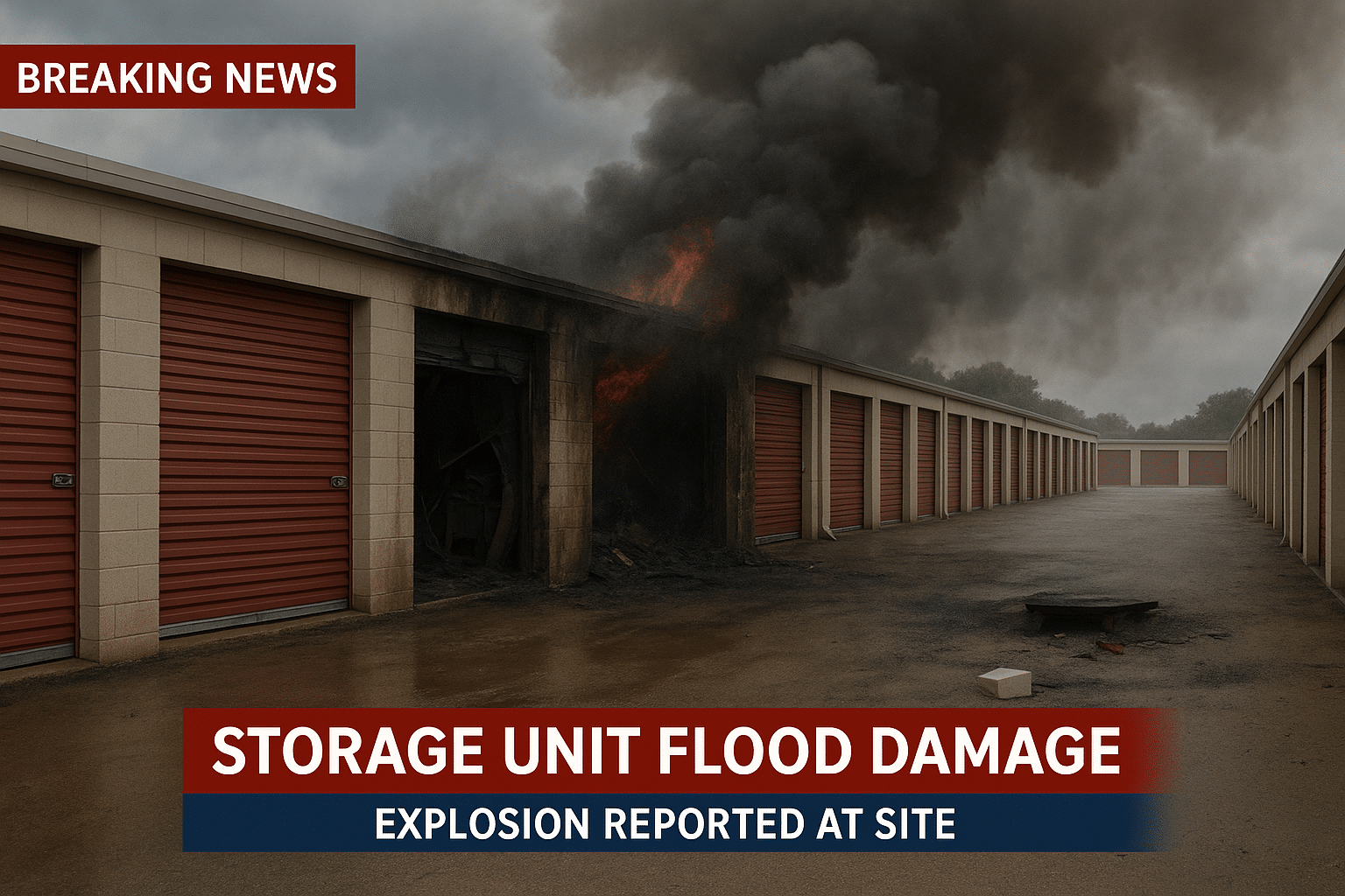 Fire and smoke billows out of two storage units in a self storage facility.