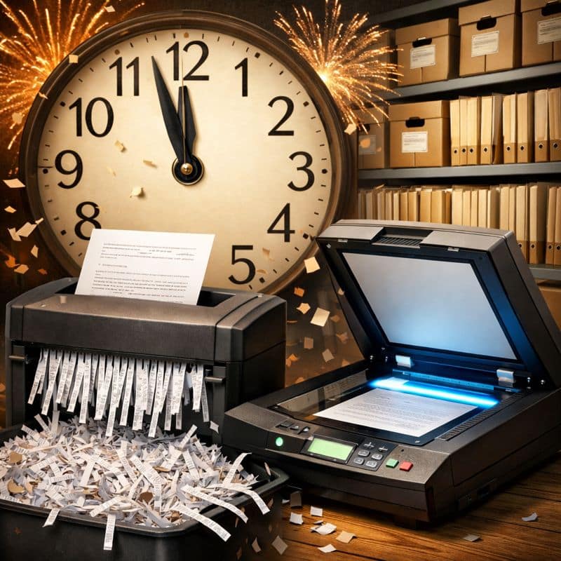 Office paper shredder and document scanner beside a clock nearing midnight with fireworks in the background