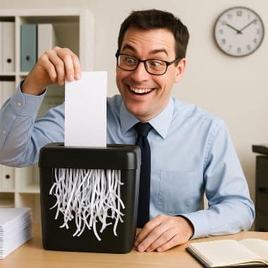 Man sitting at desk and putting a document into a shredding machine