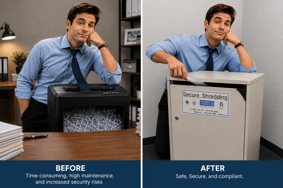 Two side-by-side photos. One of a man in an office leaning on an office shredding machine with his tie stuck in the machine and the second with the same person simply sliding a document into a secure shredding collection container.