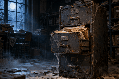 In a dusty room, an old, rusty filing cabinet is covered with cobwebs and an open drawer is stuffed with aged documents.
